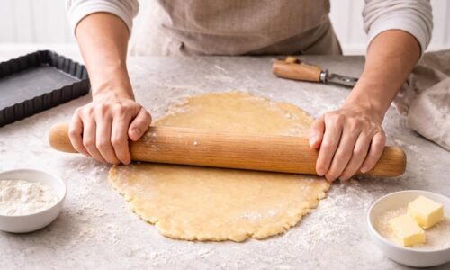 شخصی در حال پهن کردن خمیر تارت روی میز